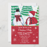 Invitación Pareja de Snowman enciende Fiesta de Navidades Roj<br><div class="desc">Invite a sus invitados a su fiesta de vacaciones con estilo con esta invitación artística Navidad. Este diseño presenta una pareja de hombres de nieve vestida con capa y bufanda de estilo de argyle rojo y negro. En el fondo hay pinos nevados y copos de nieve. Abajo en azul marino...</div>