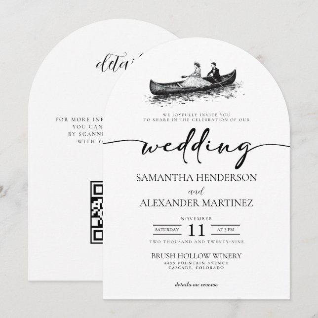 Invitación Pareja en canoa con boda de código QR (Anverso / Reverso)