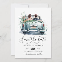 pareja en coche vintage acuarela save the date