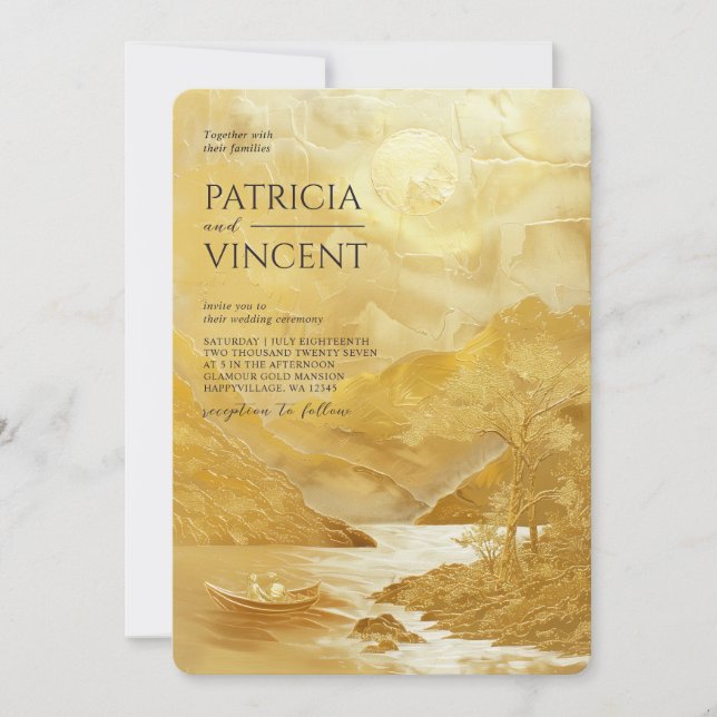 Invitación Pareja en el paisaje de montaña en oro - Boda (Anverso)