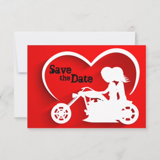 Invitación Pareja en Motocicleta Salvar la Fecha de la Boda (Anverso)