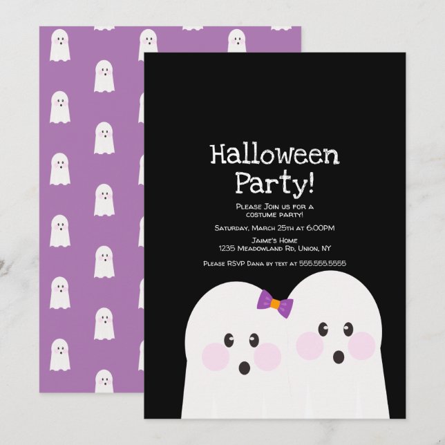 Invitación Pareja Fantasma Cuidada Fiesta Halloween Púrpura N (Anverso / Reverso)