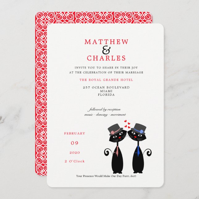 Invitación Pareja gay Boda LGBTQ lindo gatos negros (Anverso / Reverso)