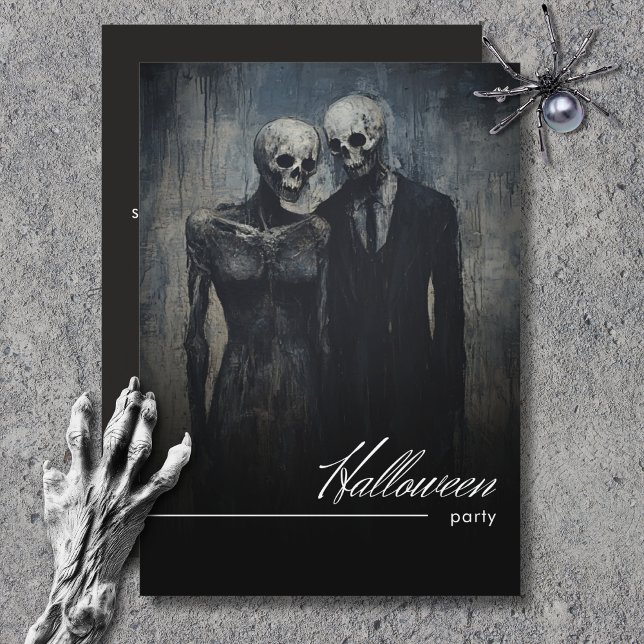 Invitación Pareja Ghoulish oscura Fiesta de Halloween en blan (Dark Ghoulish Couple Black & White Halloween Party Invitation)