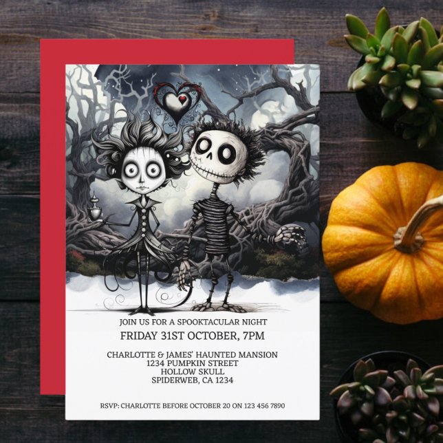 Invitación Pareja Gótica Temerosa De Halloween En Woods (Halloween Scary Gothic Couple In Woods Invitation from Ricaso. A creepy but cute couple at Halloween)