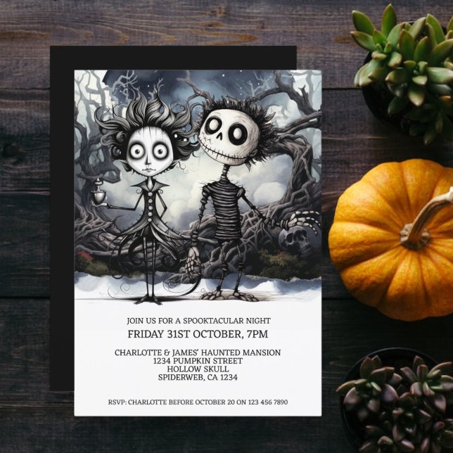 Invitación Pareja Gótica Temerosa De Halloween En Woods (Halloween Scary Gothic Couple In Woods Invitation from Ricaso. A creepy but cute couple at Halloween)