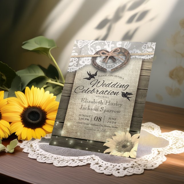 Invitación Pareja Horseshoe Corazón Lace Wood Boda de girasol (Subido por el creador)