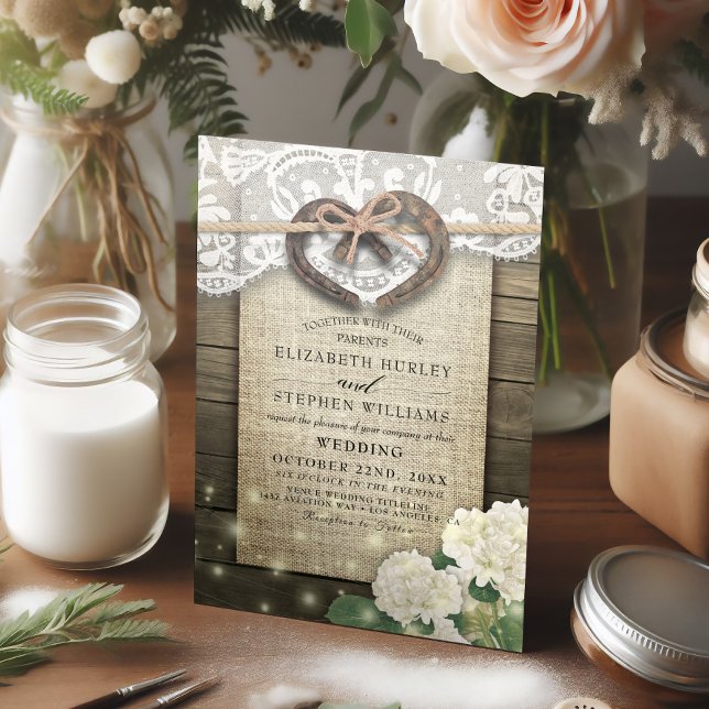 Invitación Pareja Horseshoe Corazón Lace Wood Hydrangea Boda (Subido por el creador)