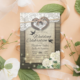 Invitación Pareja Horseshoe Corazón Lace Wood Hydrangea Boda