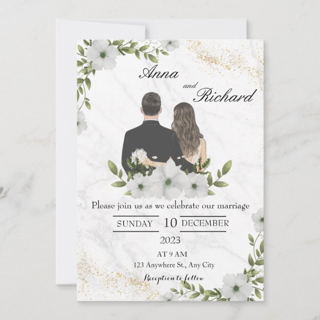 Invitación Pareja ilustrada y flores blancas (Anverso)
