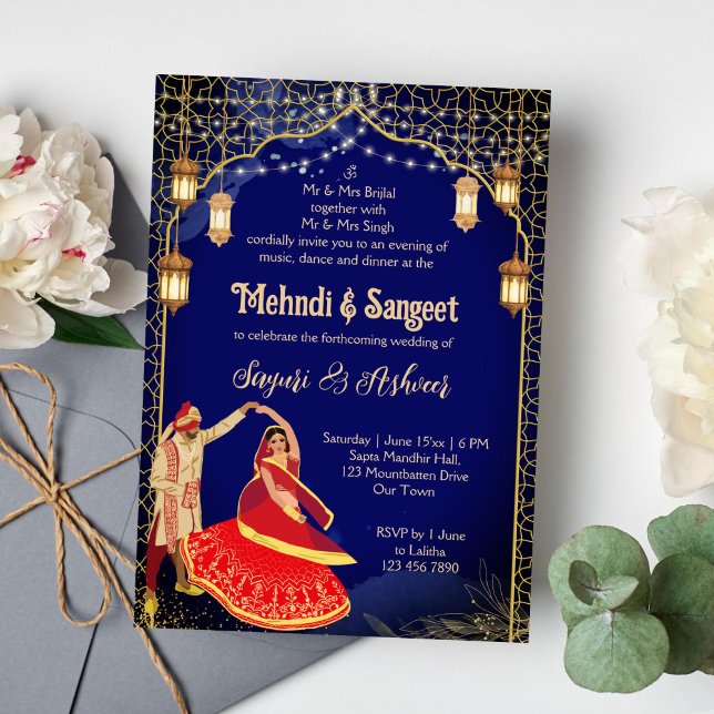 Invitación Pareja india bailando de Mehndi Sangeet en azul ma (Mehendi and sangeet Indian wedding invitation template instant download navy blue dancing couple )