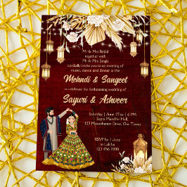 Invitación Pareja india bailando Mehndi Sangeet en color burd