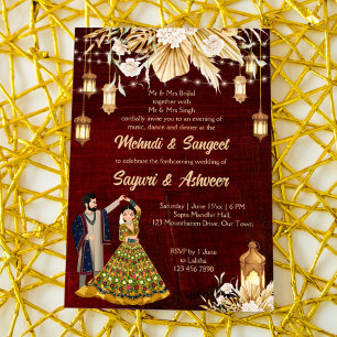 Invitación Pareja india bailando Mehndi Sangeet granate 