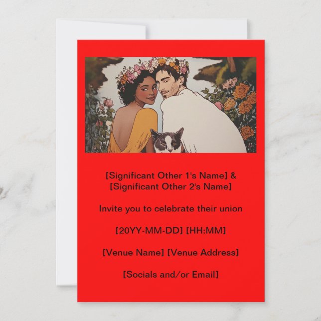 Invitación Pareja interracial boda floral arte con gato (Anverso)