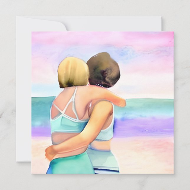 Invitación Pareja lesbiana acuarela en boda playera (Anverso)