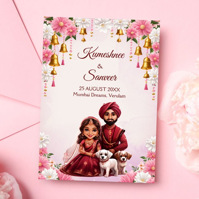 Invitación Pareja novia india con caricatura de perros (Indian bridal couple with cute puppies dogs caricature wedding invitation editable template )
