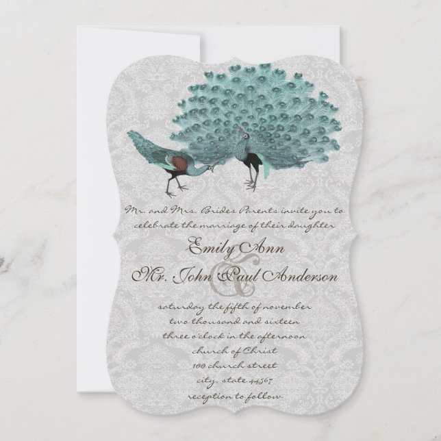Invitación Pareja perfecta Aqua Gray Peacock elegancia metáli (Anverso)