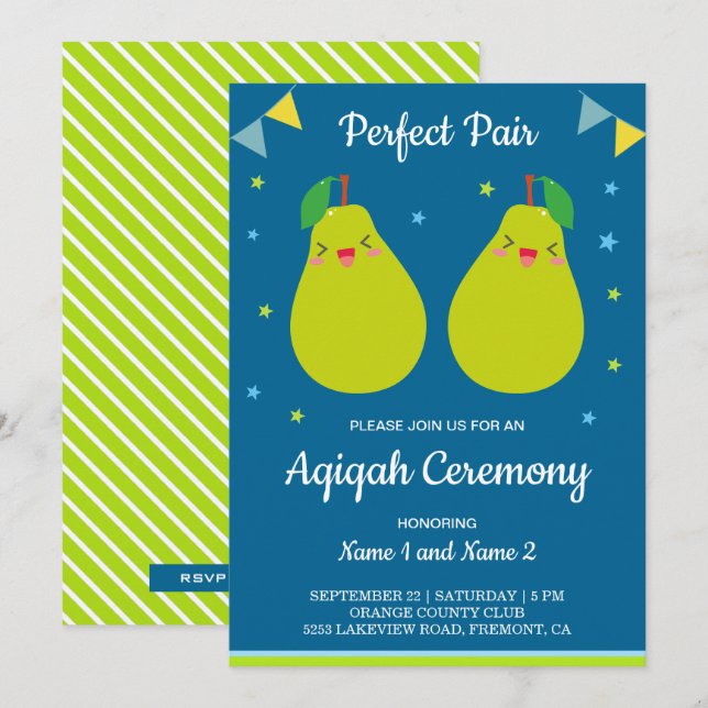 Invitación Pareja Perfecta Gemelos de Pera Lindos Aqiqah (Anverso / Reverso)