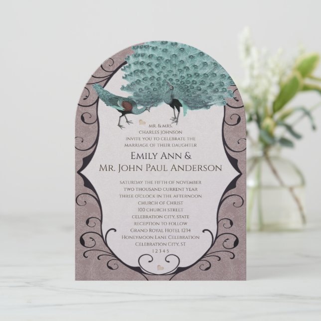 Invitación Pareja Perfecta Turquesa y Visón Damask Pavo Real (Anverso de pie)