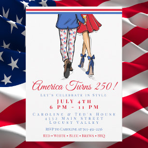 Invitación Pareja Preppy Patriótica Cumpleaños 250 de América