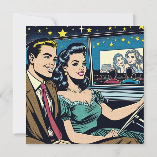 Invitación Pareja retro en película Drive-In (Anverso)