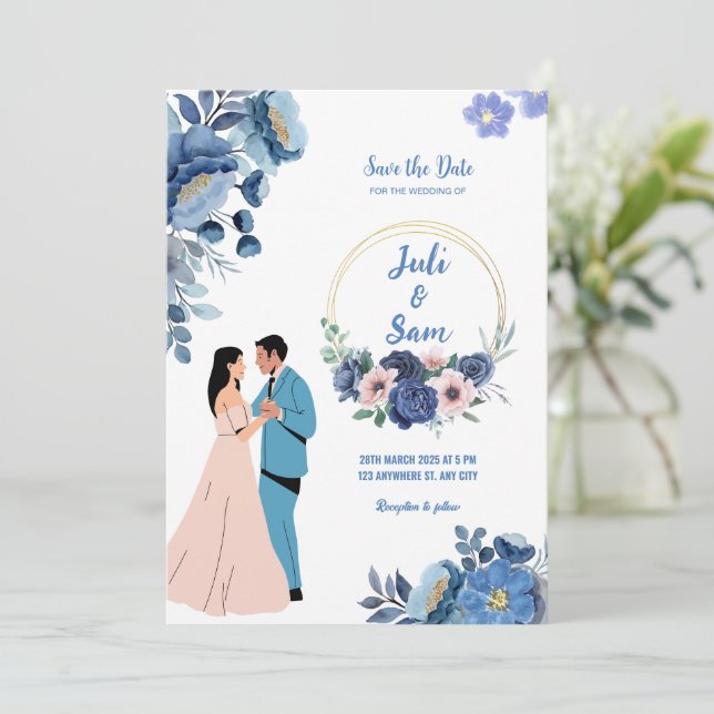Invitación Pareja romántica bailarina Diseño Boda Floral Azul (Anverso de pie)