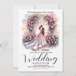 Invitación pareja romántica bajo boda de arco floral