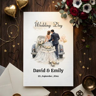 Invitación Pareja Romántica "Recién Casados" y Coche Antiguo