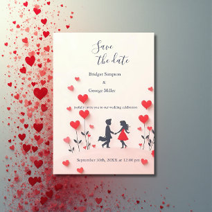 Invitación Pareja romántica Silhouette corazones rojos boda
