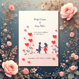 Invitación Pareja romántica Silhouette corazones rojos boda