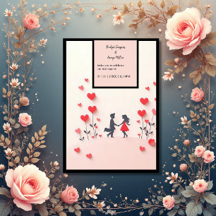 Invitación Pareja romántica Silhouette corazones rojos boda