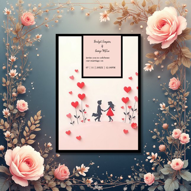Invitación Pareja romántica Silhouette corazones rojos boda (Subido por el creador)