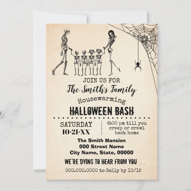 Invitación Pareja Skeleton con 4 niños Halloween con calentam (Anverso)