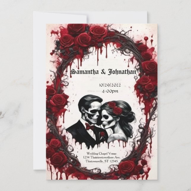 Invitación Pareja zombie Skulls y Rosas Boda de Gótico (Anverso)