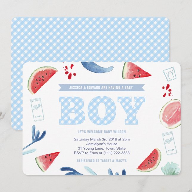 Invitación Parejas al aire libre Gingham Baby Shower para Boy (Anverso / Reverso)