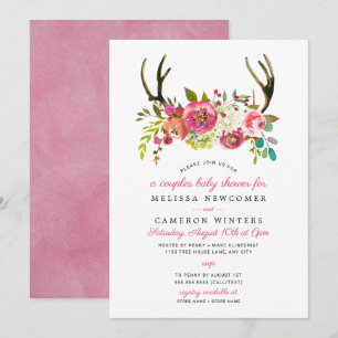 Invitación Parejas Baby Shower, antángulos florales rosas inv