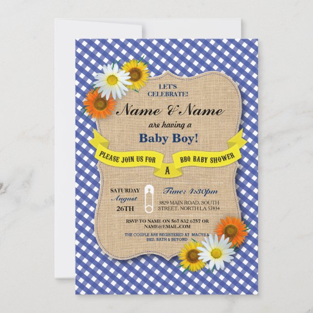 Invitación Parejas Baby Shower BBQ BaByQ Daisy Flower Invite (Anverso)