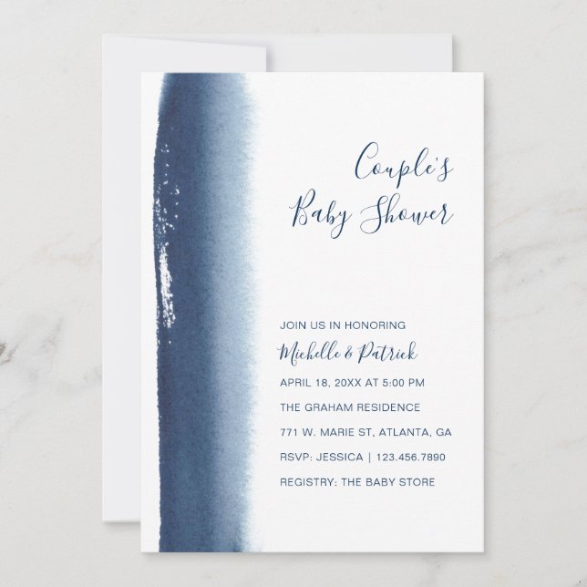 Invitación Parejas Baby Shower Boy Marina Azul acuarela (Anverso)