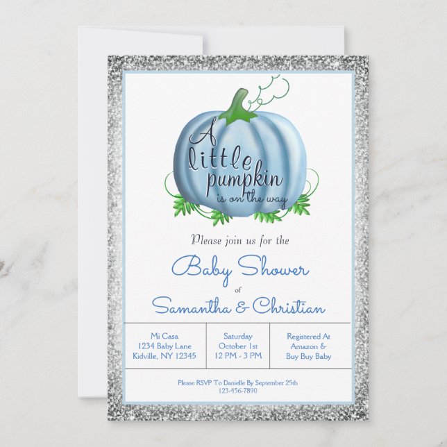 Invitación Parejas Baby Shower Boy Pequeña Calabaza Caída  (Anverso)