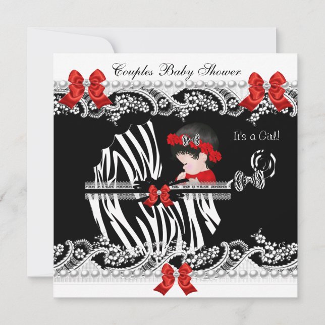 Invitación Parejas Baby Shower Chica Zebra Red Lace Negro (Anverso)