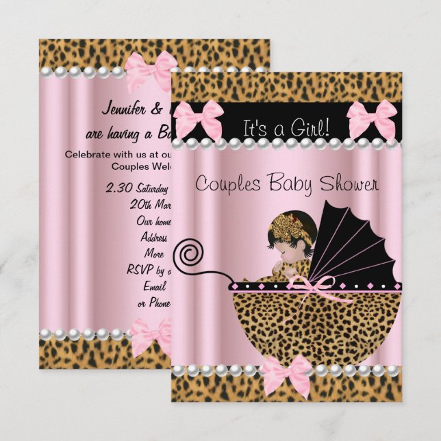 Invitación Parejas Baby Shower Cute Chica Leopardo rosa (Anverso / Reverso)