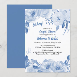 Invitación Parejas Baby Shower Dusty Blue Floral Watercolor