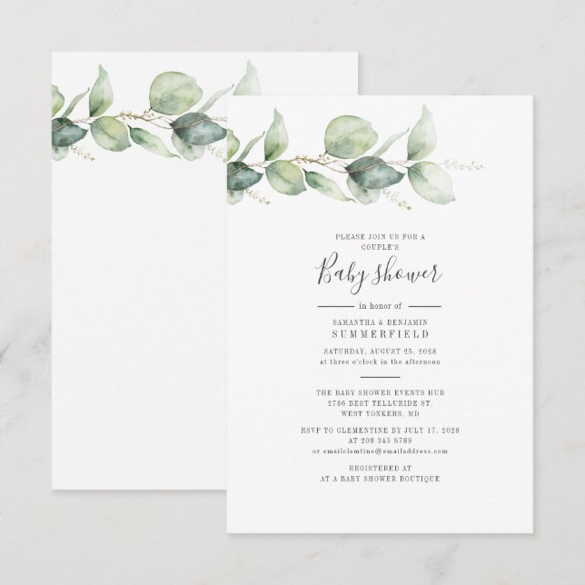 Invitación Parejas Baby Shower Eucalyptus Greenery Leaves (Anverso / Reverso)