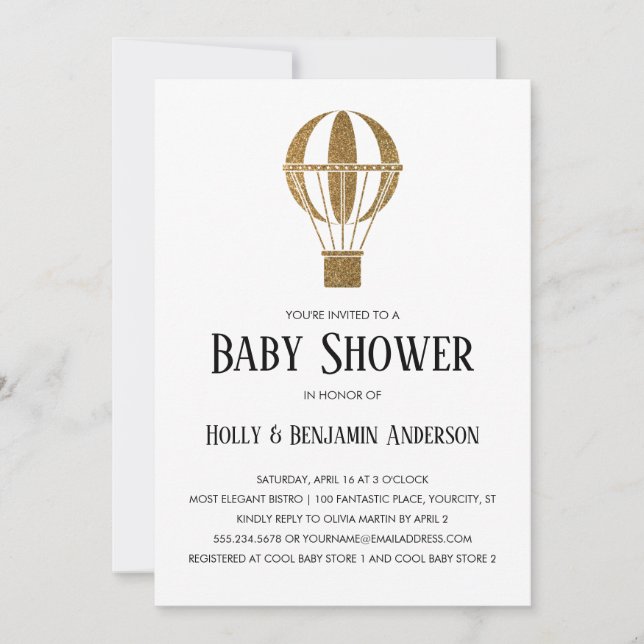 Invitación Parejas Baby Shower Gold Purpurina Globo de aire c (Anverso)