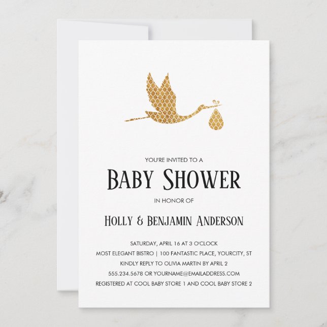 Invitación Parejas Baby Shower Preppy Gold Stork con Bundle (Anverso)
