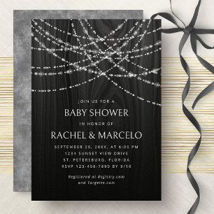 Invitación Parejas Baby Shower String ilumina el Rústico Negr