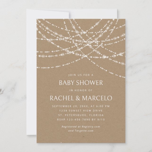Invitación Parejas Baby Shower String Lights Kraft (Anverso)
