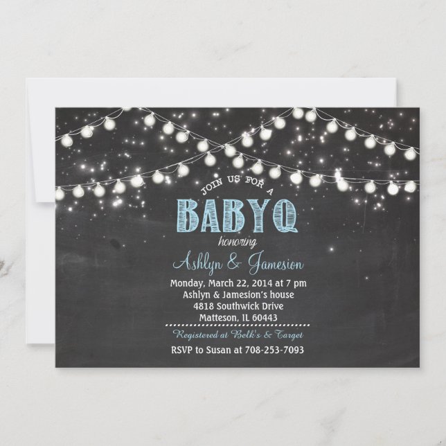 Invitación Parejas BabyQ BBQ Luz de ducha azul bebé (Anverso)