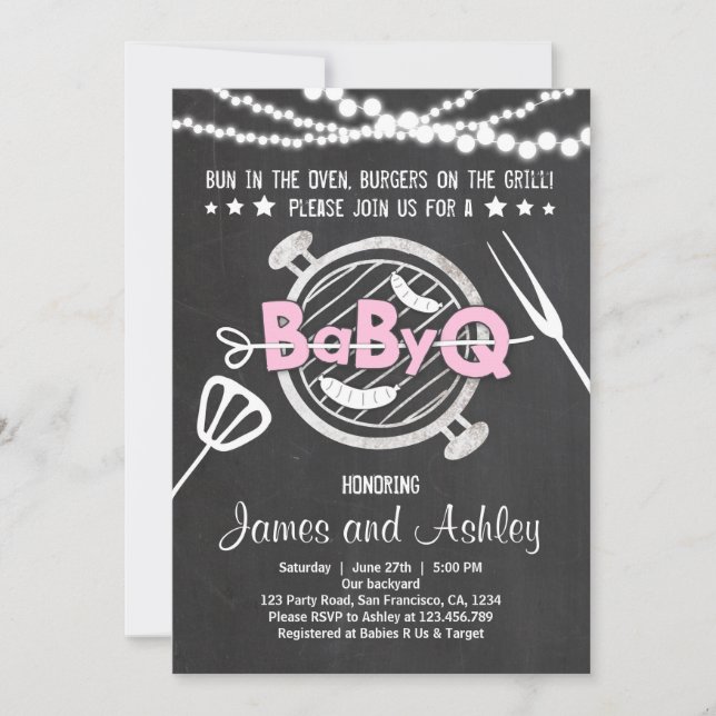 Invitación Parejas BabyQ BBQ Shower Coed Baby Shower Rosa (Anverso)