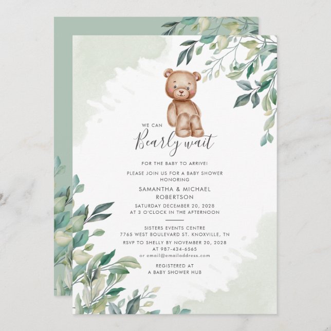 Invitación Parejas Bearly Wait Baby Shower Eucalyptus Foliage (Anverso / Reverso)